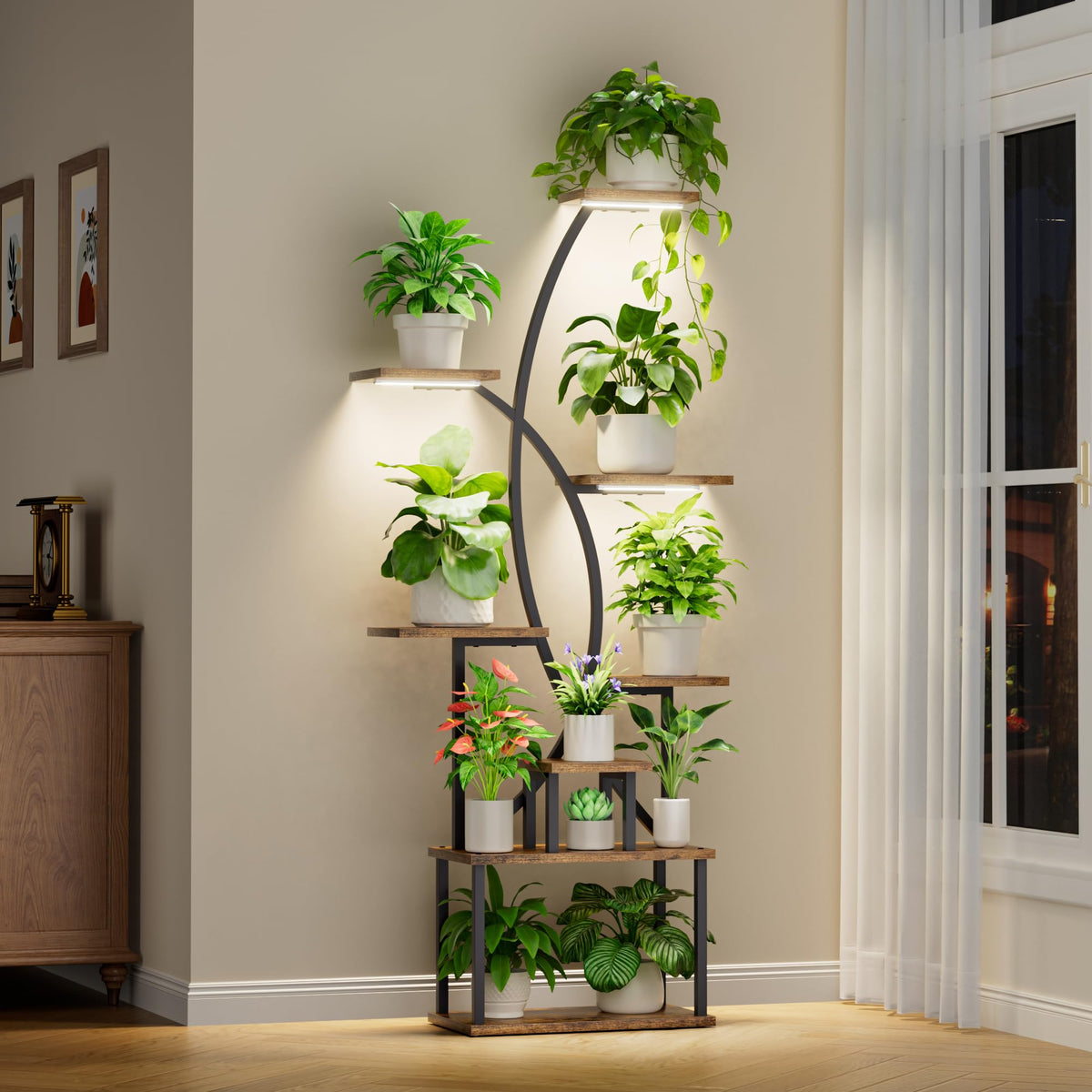 Justogo plant stand with grow lights for indoor plant growth.