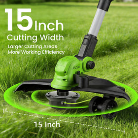 JUSWISE weed wacker shows two 3.0Ah batteries for extended cordless use