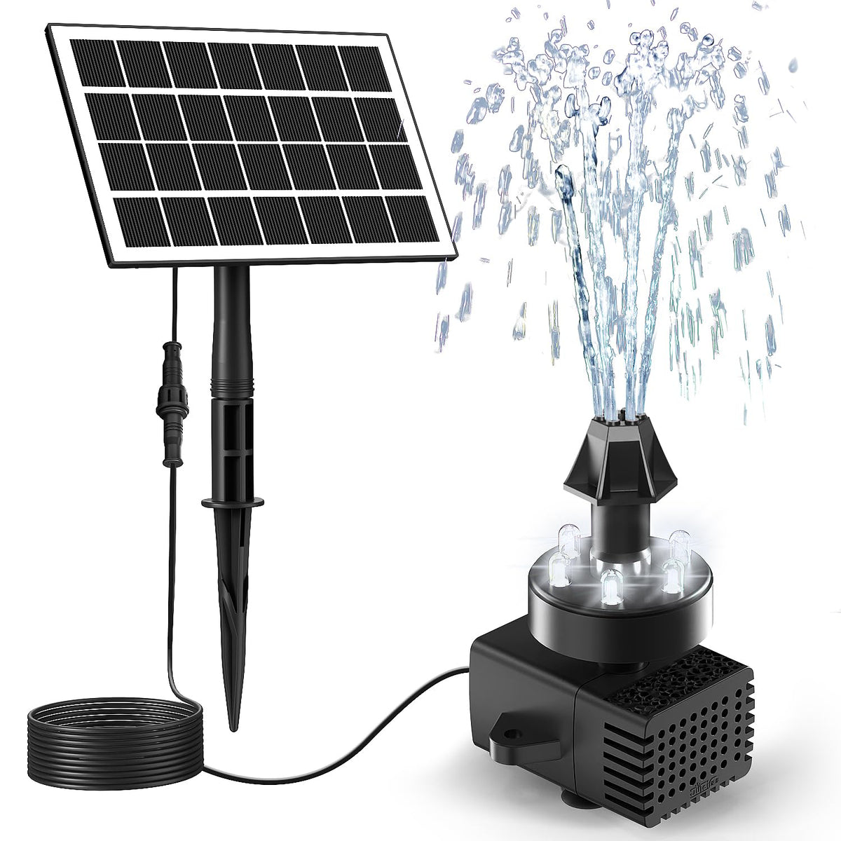 JuTai solar fountain kit with white lights for nighttime garden illumination