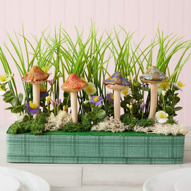 Juvale green ceramic mushroom stake accents greenery in garden beds