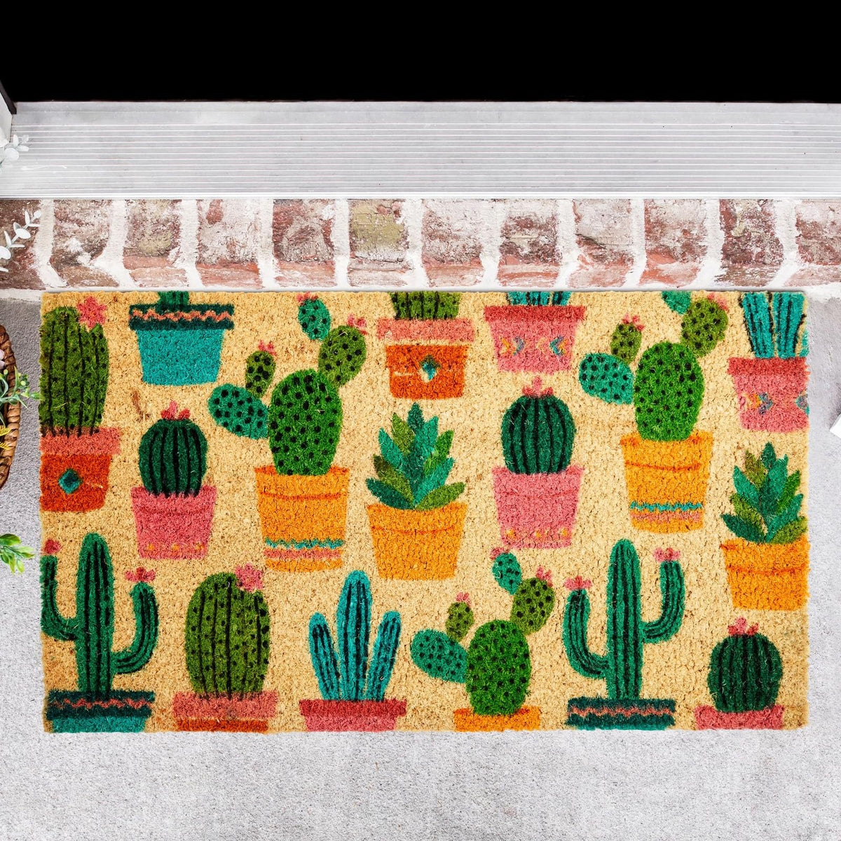 Juvale outdoor mat cactus design fits entryways with durable, color-fast grooming of footwear.