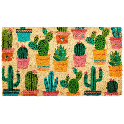 Juvale Coco Coir Door Mat with cactus design greets guests while brushing dirt from shoes.