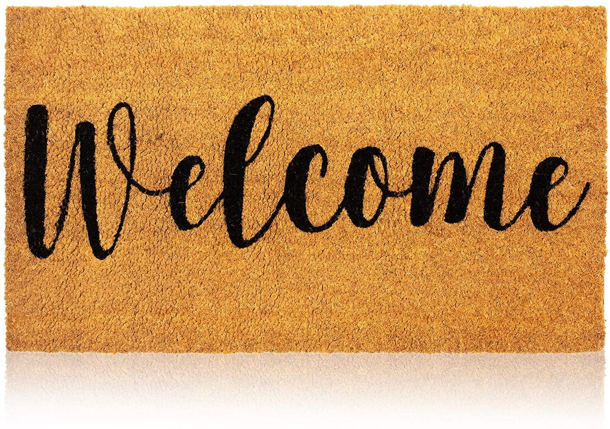 Juvale Welcome Mat at front door showing natural coir fibers for dirt scraping