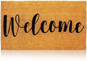Juvale Welcome Mat at front door showing natural coir fibers for dirt scraping
