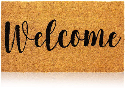 Juvale Welcome Mat at front door showing natural coir fibers for dirt scraping