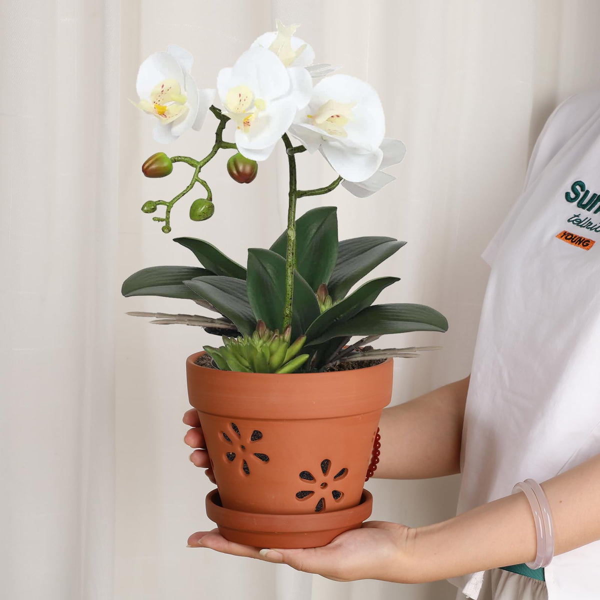 JUXYES 3-pack terracotta orchid pots with matching saucers for clutter-free setup.