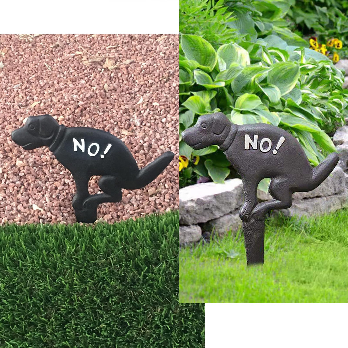 JUXYES two-pack no-pooping stakes for gardens and lawns.