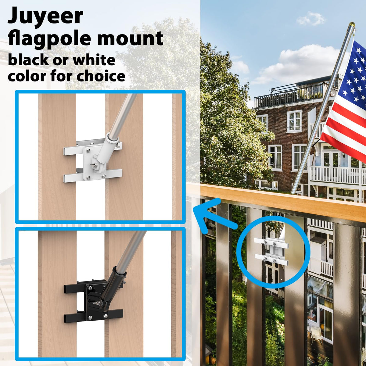 JUYEER round-or-square rail compatibility highlights broad mounting options for various rail styles.