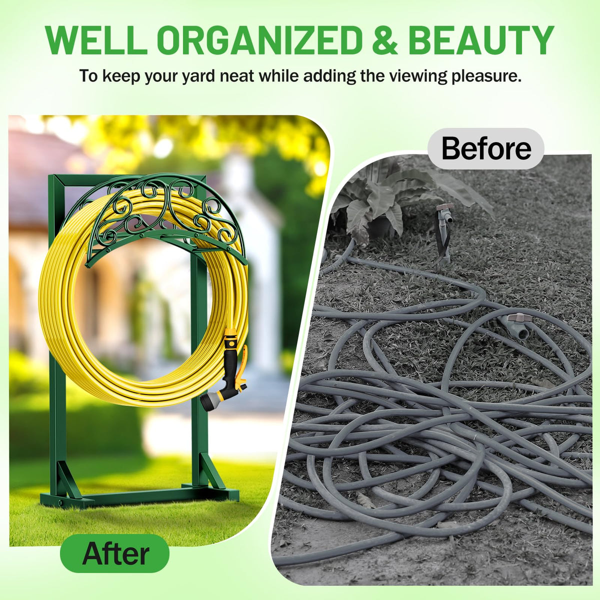 Jvgoo garden display in yard keeps hoses and tools organized.