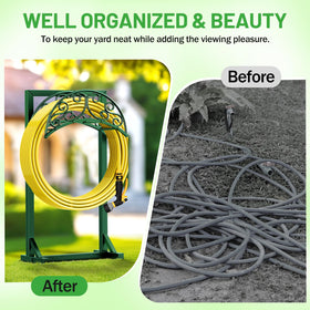 Jvgoo garden display in yard keeps hoses and tools organized.