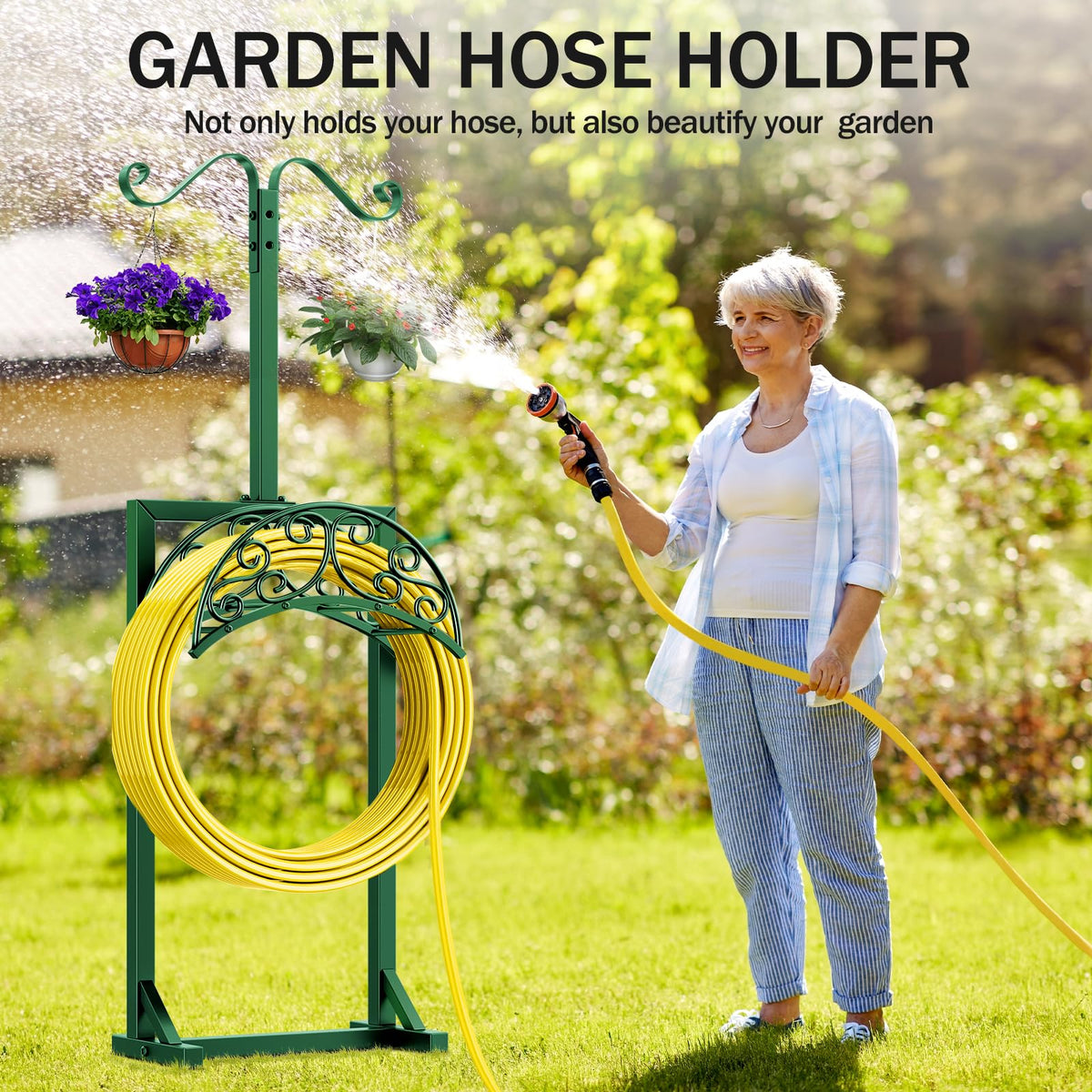 Jvgoo hose holder offers easy installation and freestanding setup.