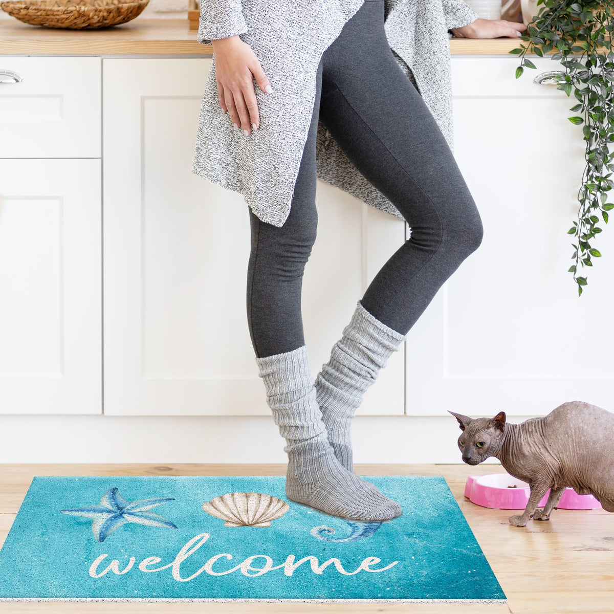 Jvpke blue beach mat for indoor outdoor use withstands traffic and weather near doors.