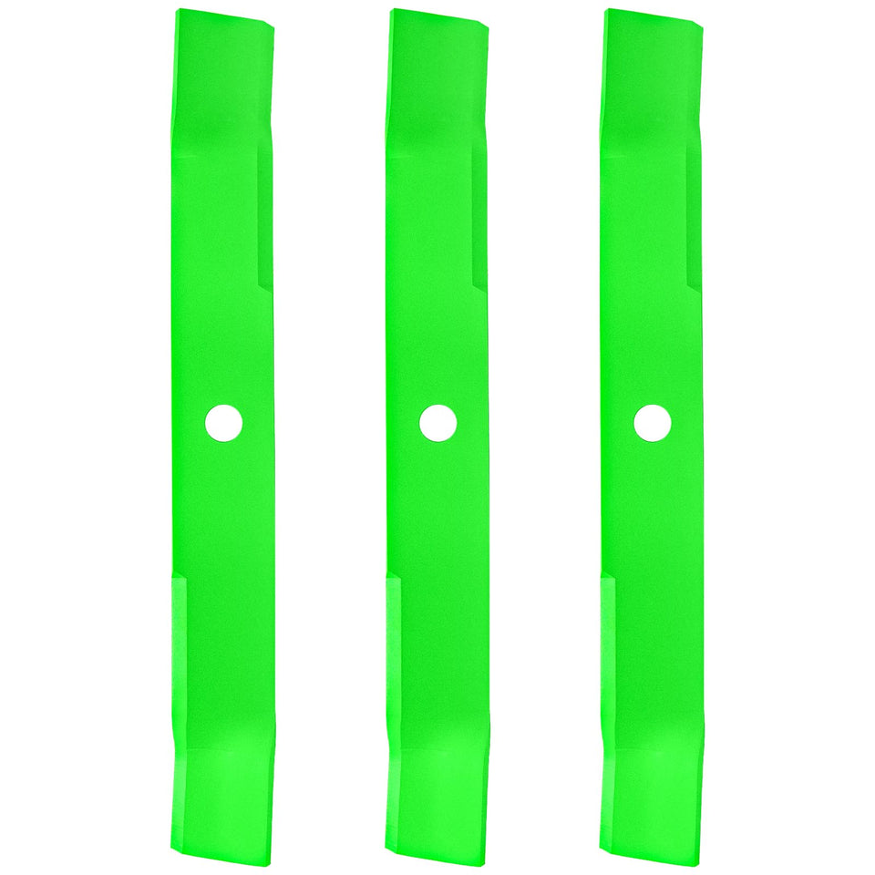 JXJKCZ 60-inch deck blades closeup showing sharp mulching edge for clean cuts.