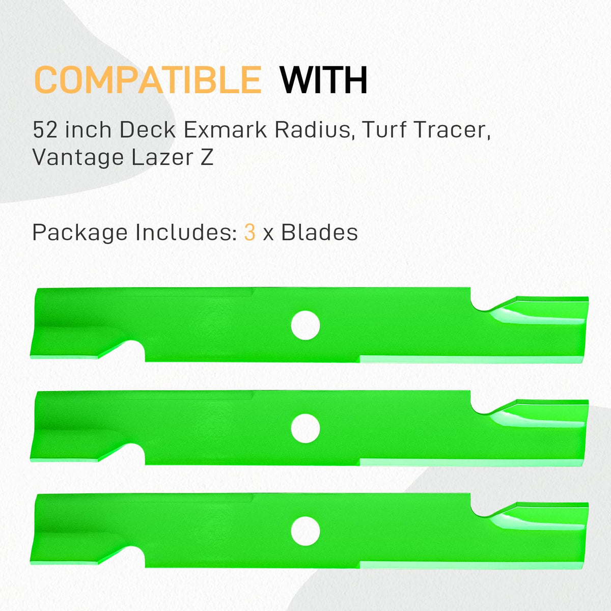 JXJKCZ three-pack blades laid out for Exmark Turf Tracer 52 inch deck maintenance