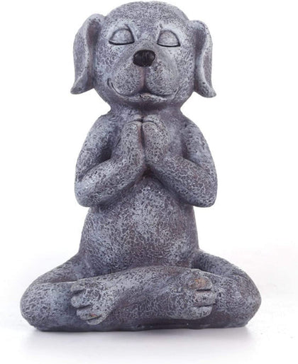 Jxueych meditating dog statue Buddha in Namaste pose, ideal for fairy garden serenity.