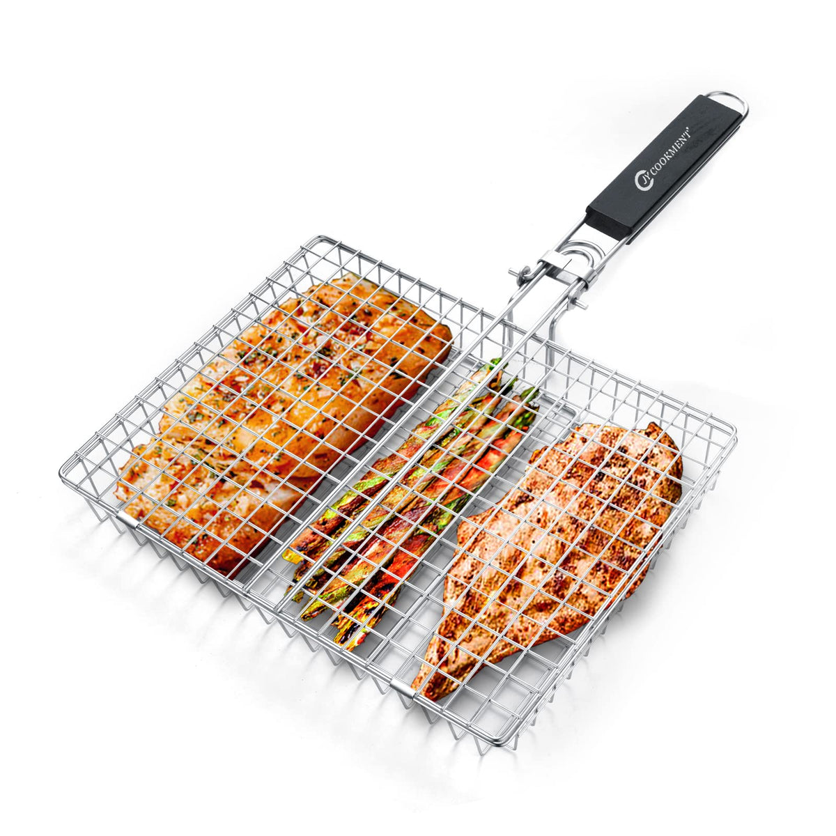 Dishwasher-safe JY COOKMENT grill basket for quick cleanup after grilling.
