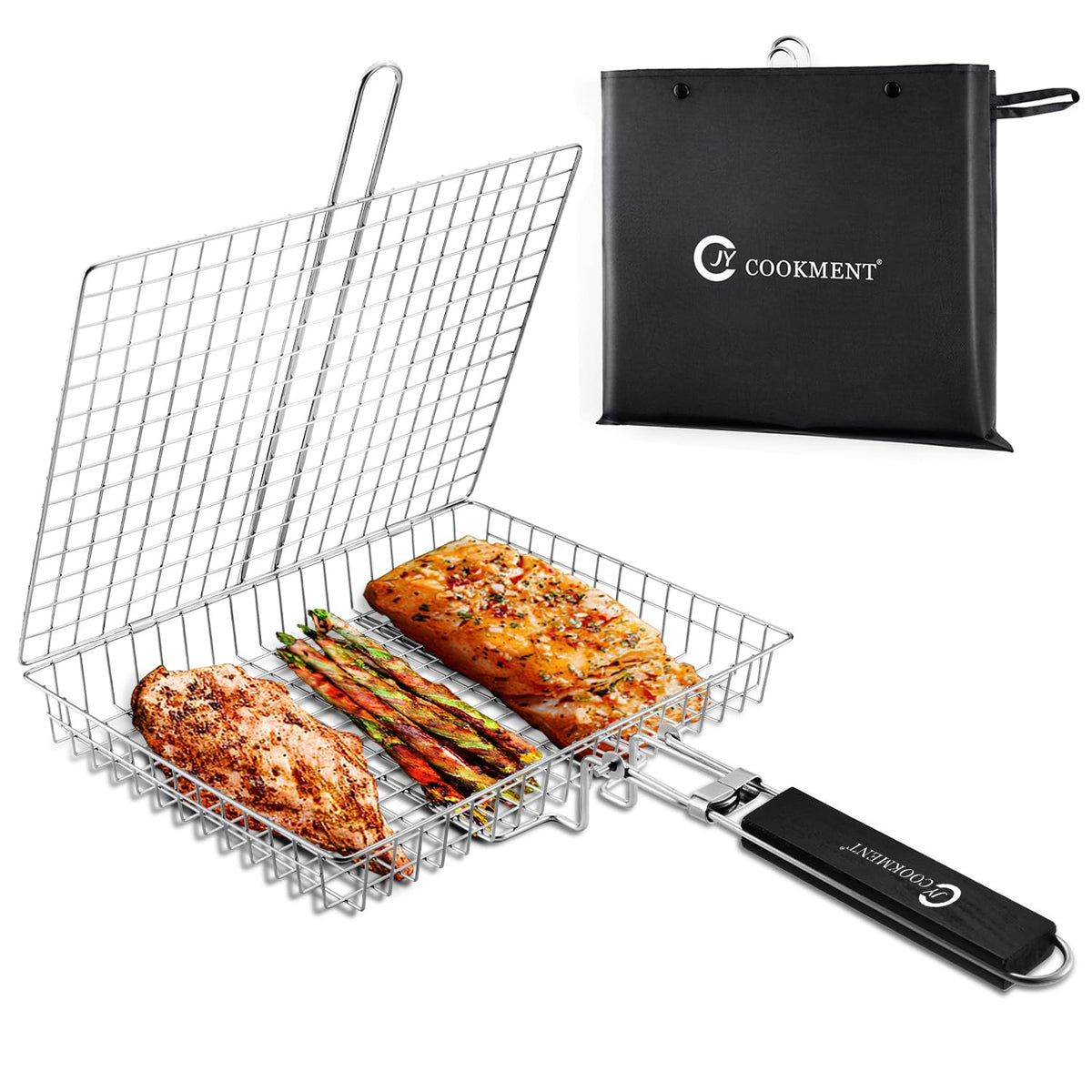 JY COOKMENT stainless steel grill basket with a roomy cooking area for veggies and proteins.