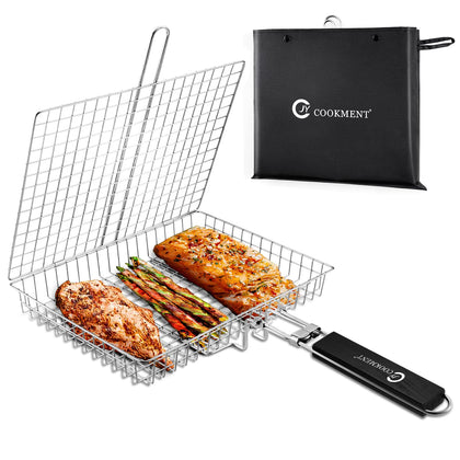 JY COOKMENT stainless steel grill basket with a roomy cooking area for veggies and proteins.