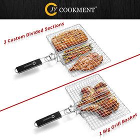 Large cooking area on the JY COOKMENT grill basket fits multiple grill types.