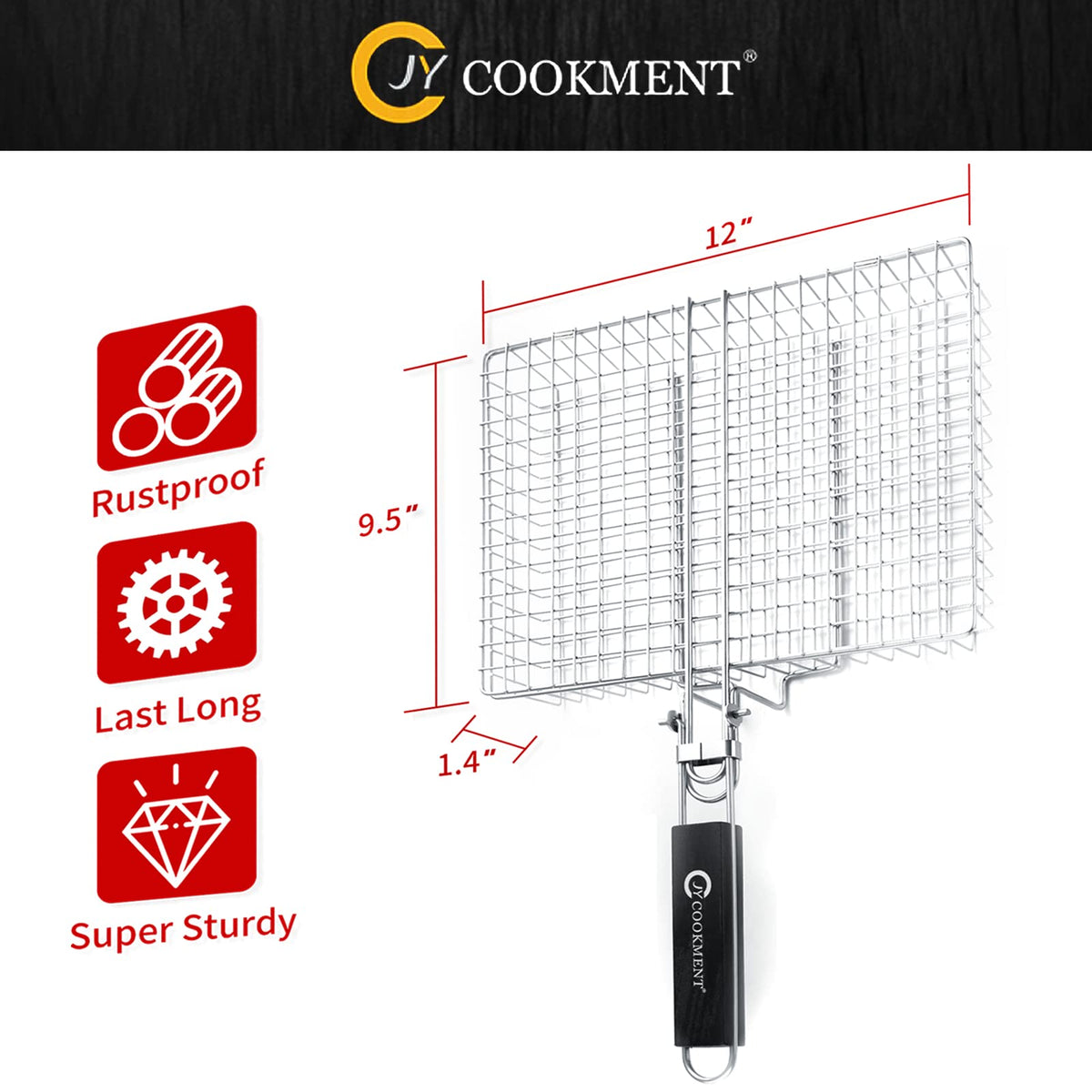 Removable wooden handle on the JY COOKMENT grill basket for safe handling.