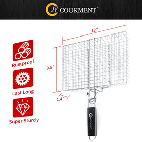 Removable wooden handle on the JY COOKMENT grill basket for safe handling.