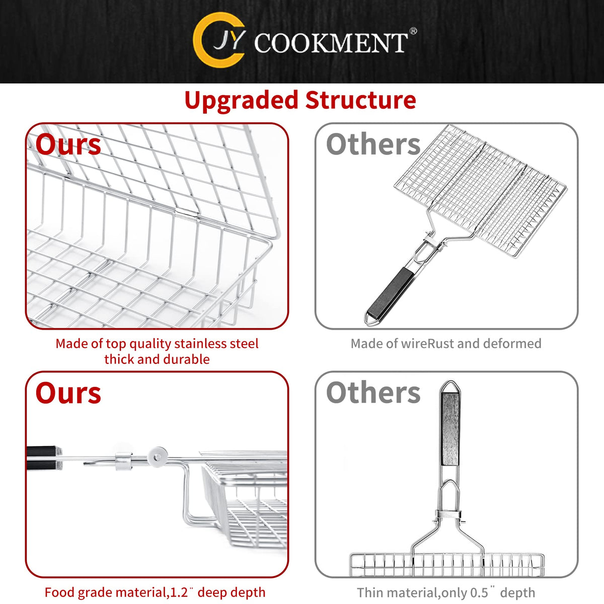 Slid lock on the JY COOKMENT grill basket assists with even flipping.