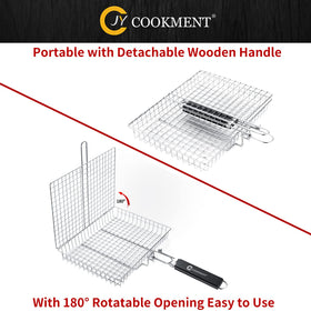Heat-resistant wooden handle on the JY COOKMENT grill basket for comfortable grip.