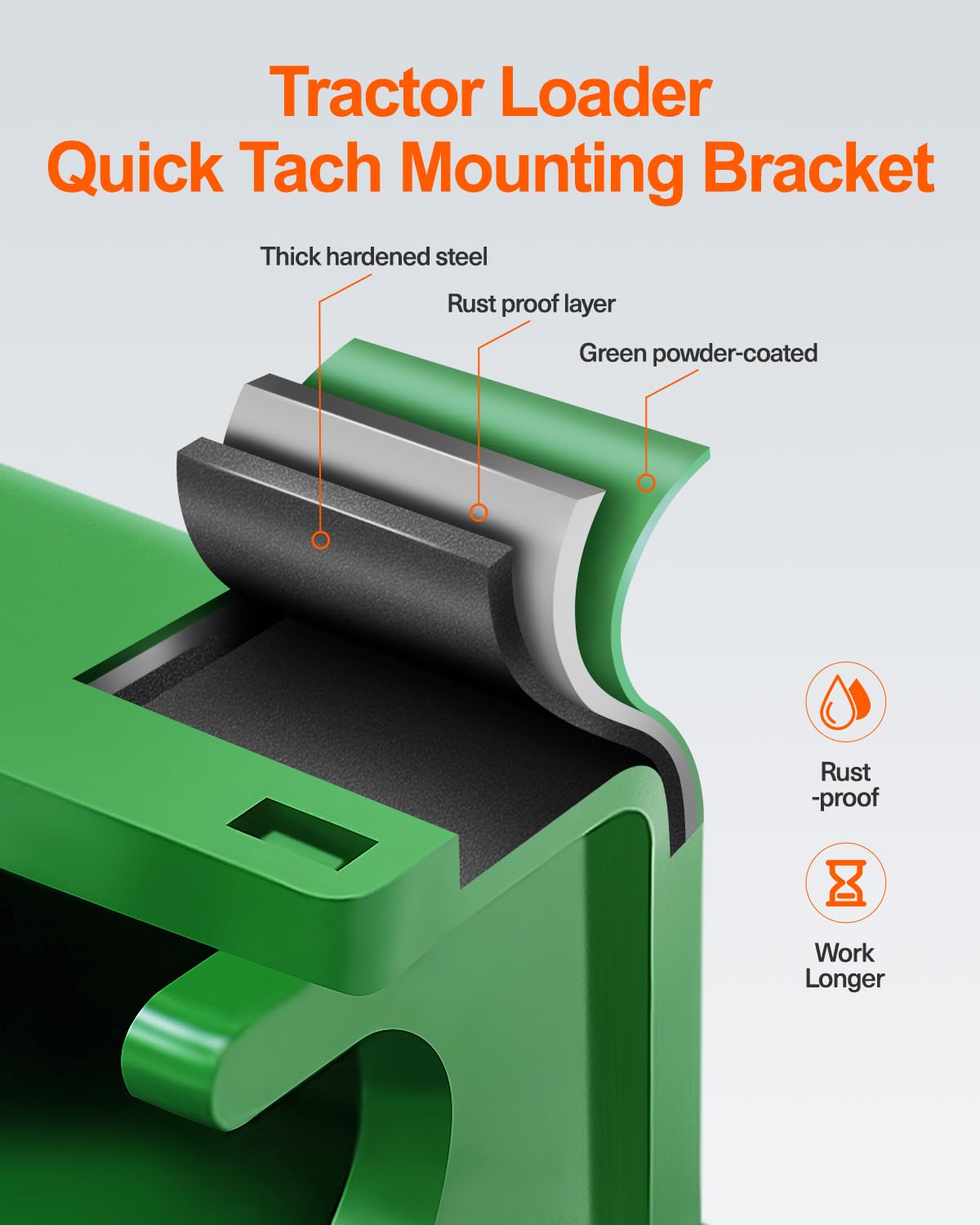 Weld-on mounting bracket from JY PERFORMANCE shown in use with a John Deere loader.