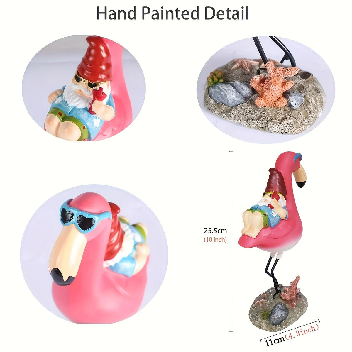 Jy.Cozy gnome flamingo detail showcases hand-painted colors for lively garden charm