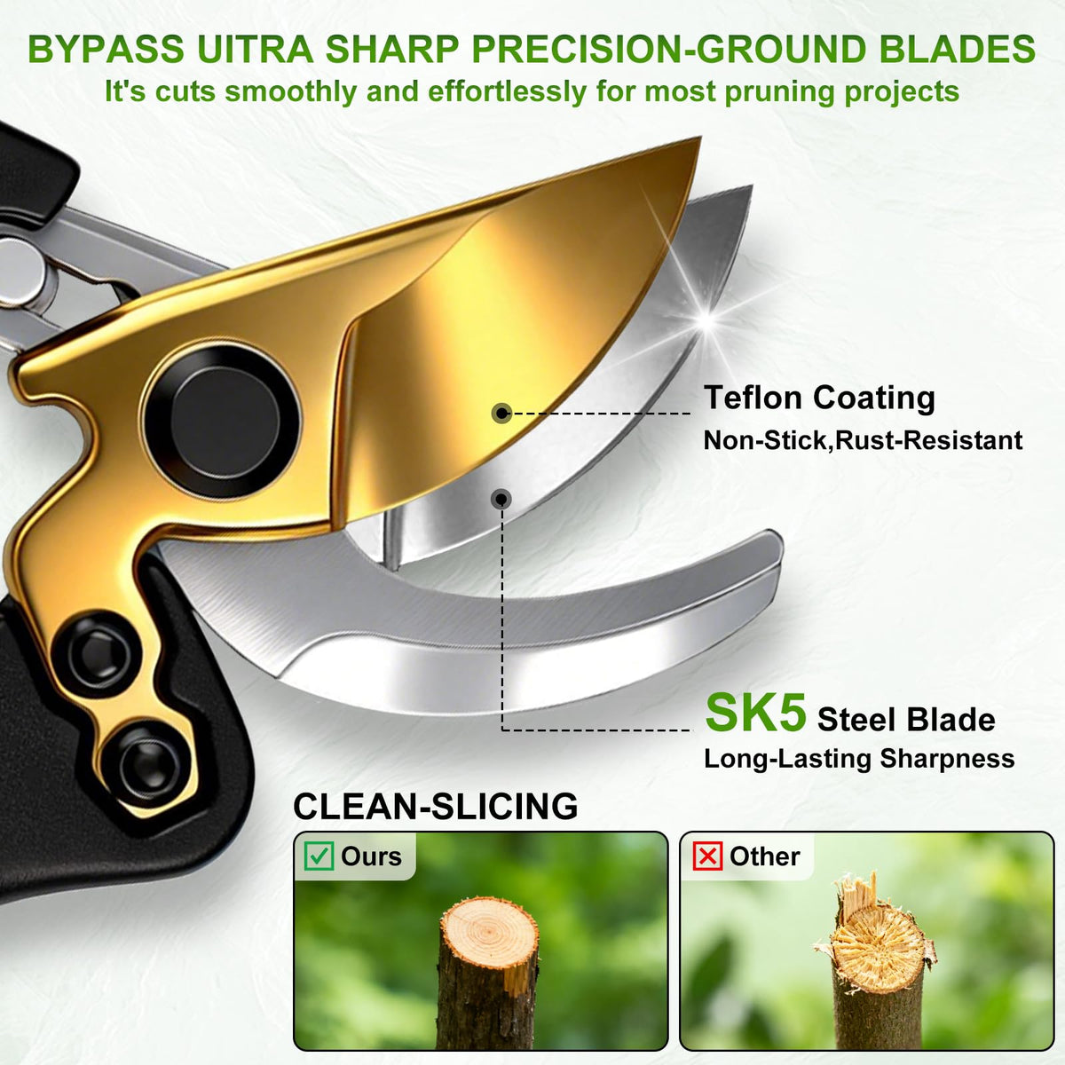 JYI&FORGE anti-stick teflon-coated blade reduces sap adhesion.
