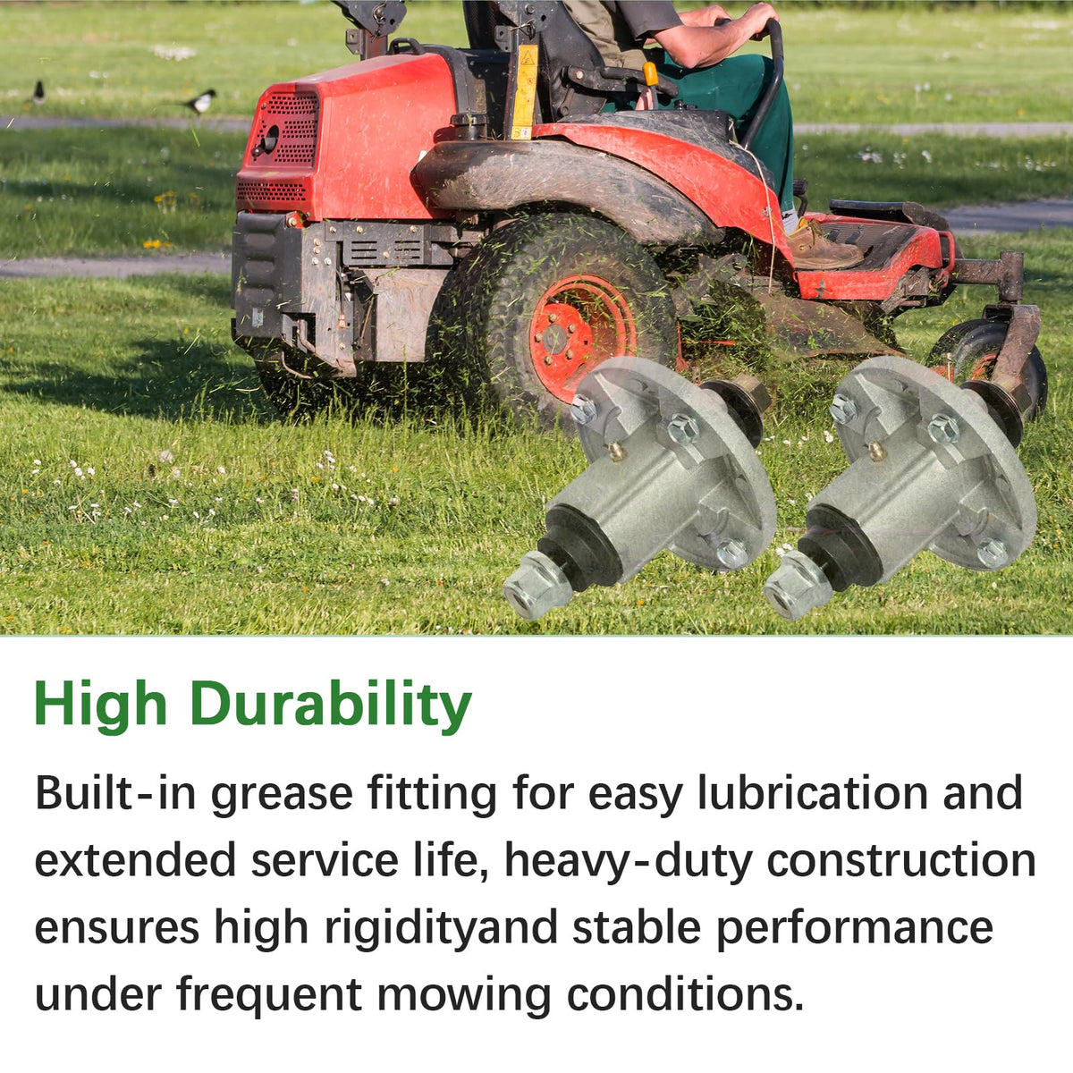 Durable spindle replacement for routine mower maintenance.