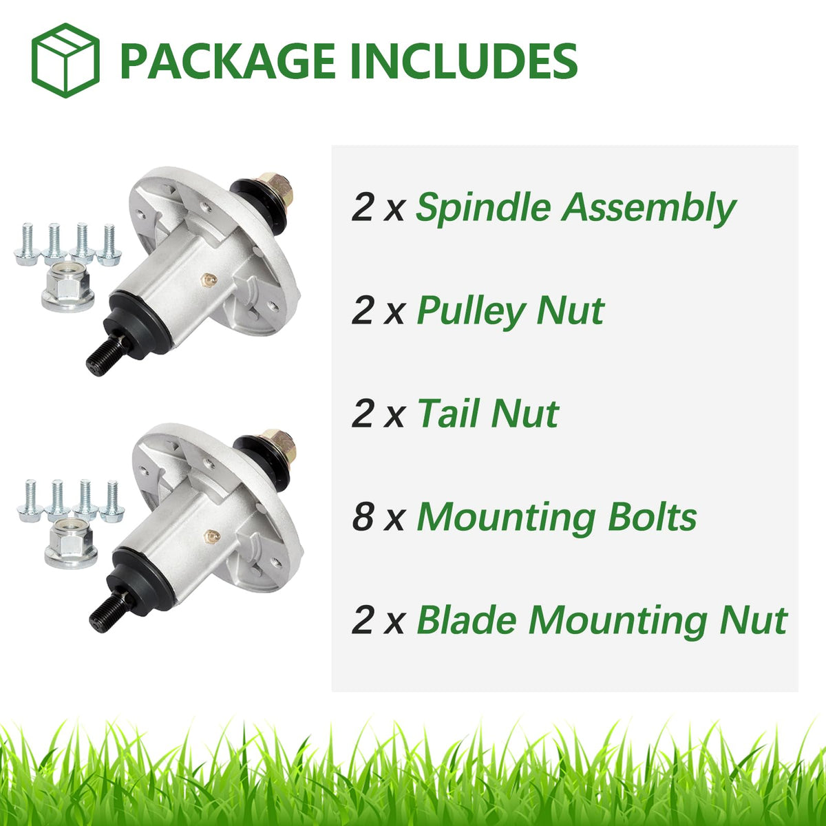 Installation-ready pack with spindles, bolts, nuts, and grease zerks.