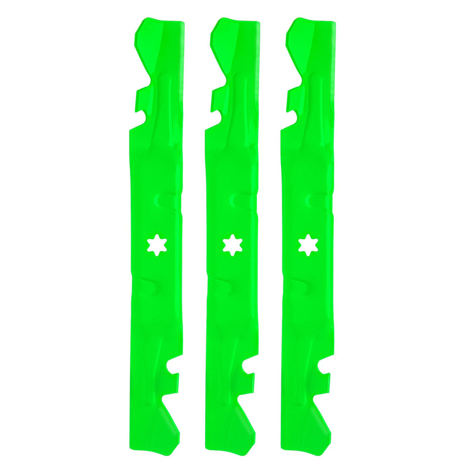 JYLEYJ mulching blades close-up showing sturdy teeth for precise mowing