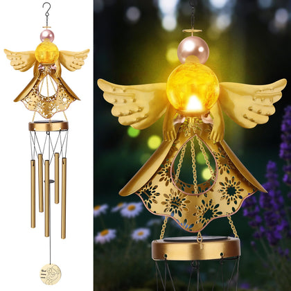 JYPS Angel Solar Wind Chime with crackle glass ball adds magical glow to outdoor spaces.