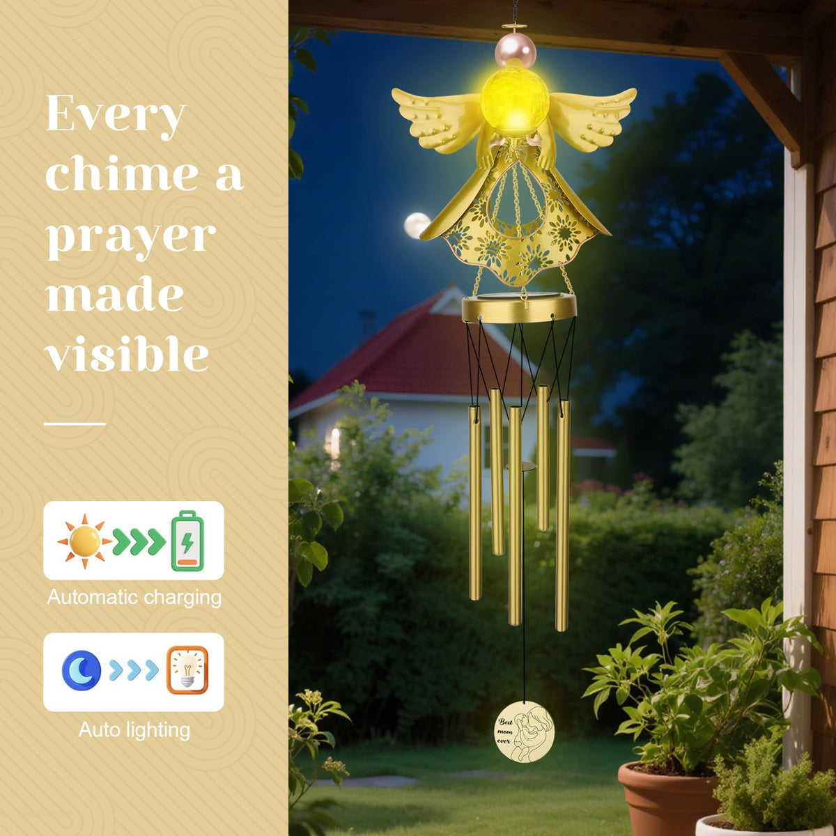 Solar-powered light charges by day and glows automatically after dark.