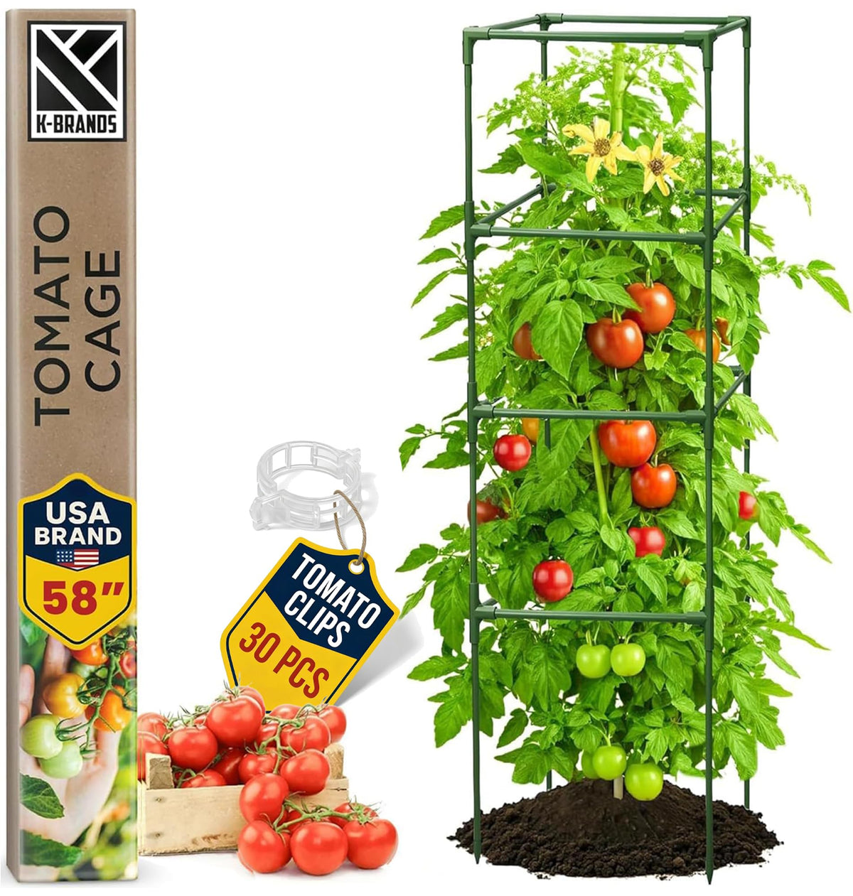 K-Brands Tomato Cage Square 58 inches tall supports tall tomato plants with robust stability.