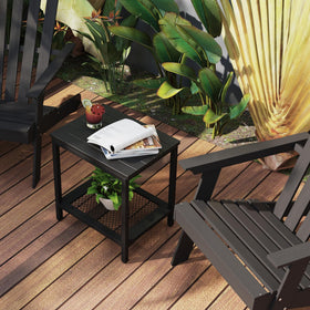 KAAPSAM outdoor end table with two-tier design adds storage and stability on patios.