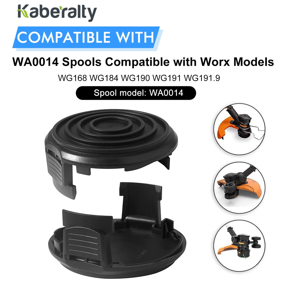 Kaberalty ABS spool cap for Worx, durable construction for everyday trimming use.