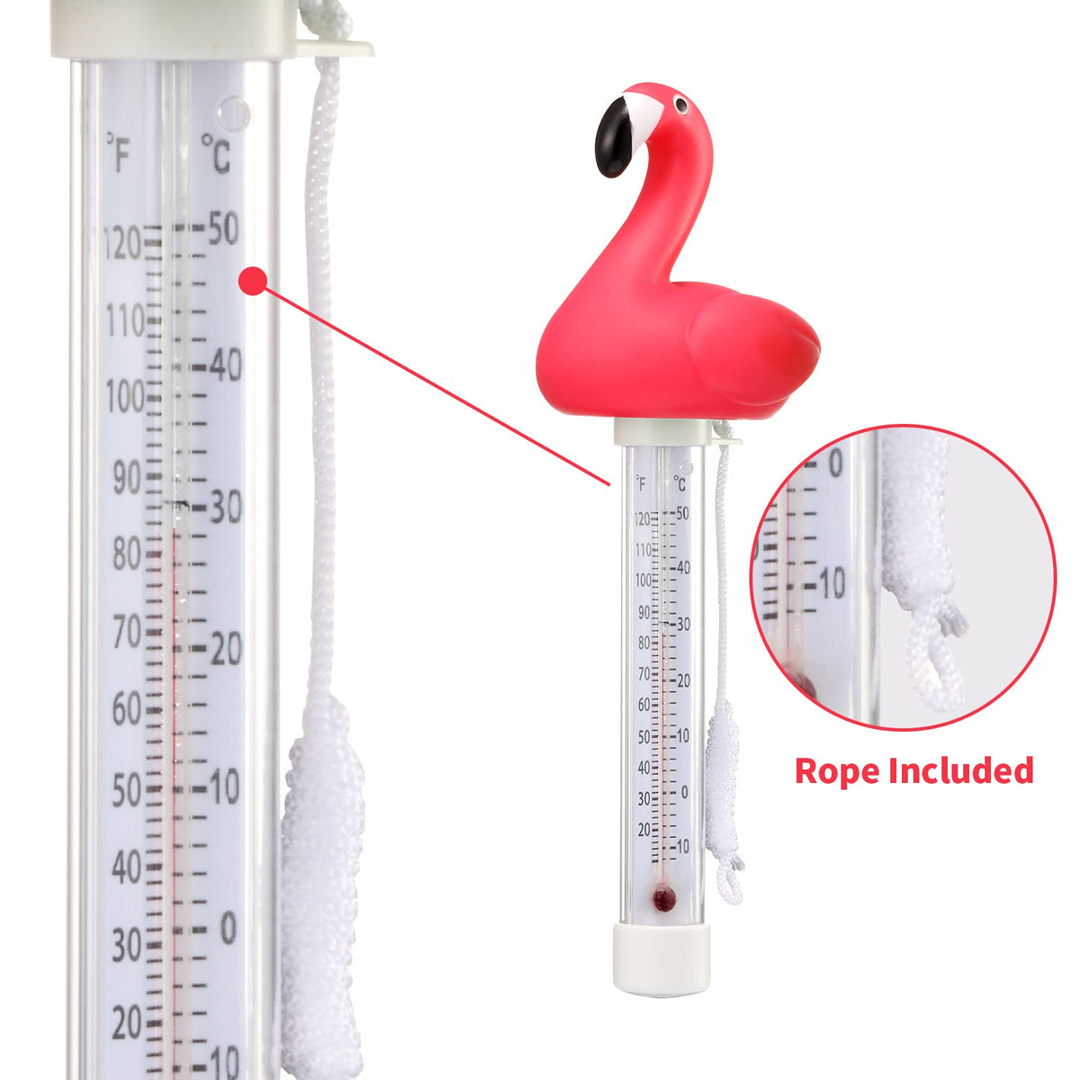 Rope-attached design keeps thermometer secure by pool edge