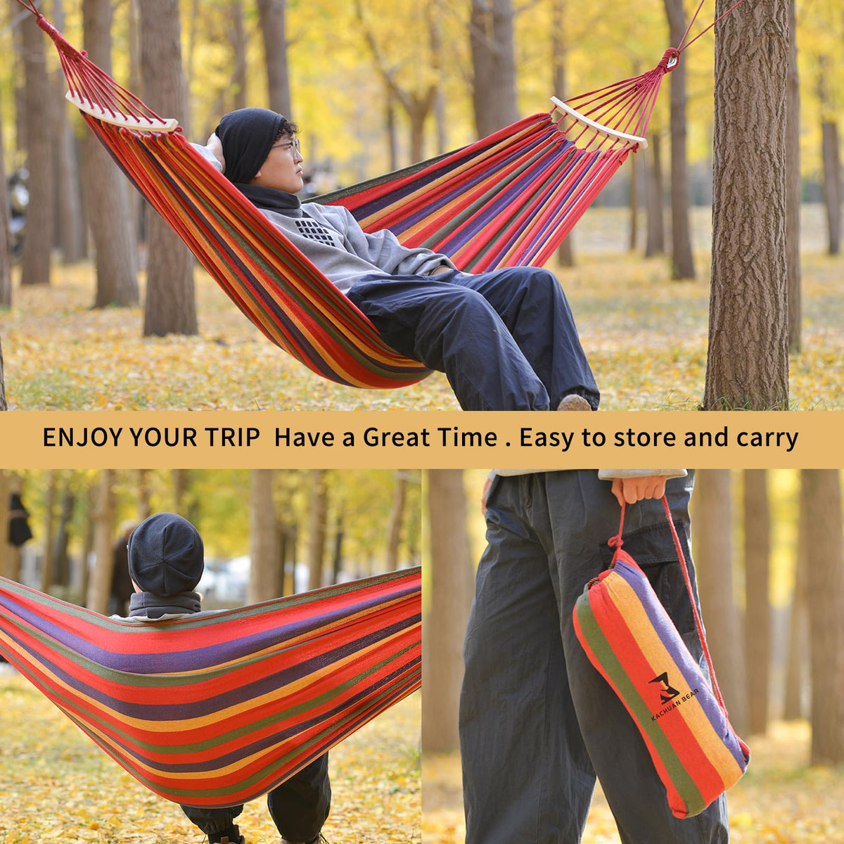 KACHUAN BEAR hammock shown with carrying bag for easy packing and transport.