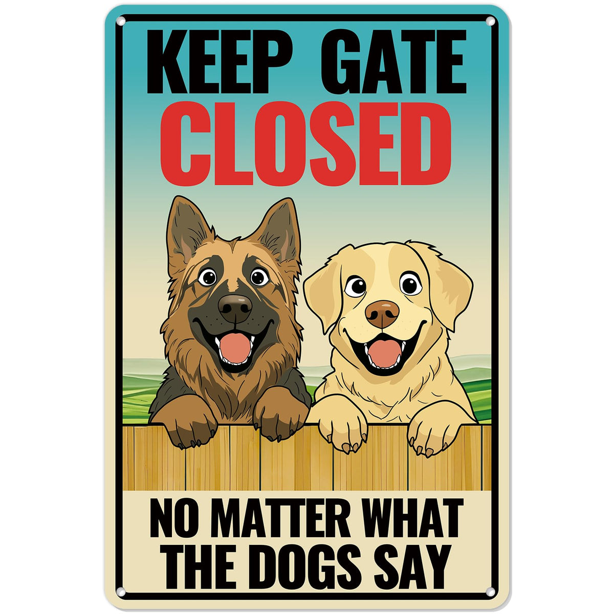 Kadezia Keep Gate Closed sign front view with dog illustration for gates and fences.