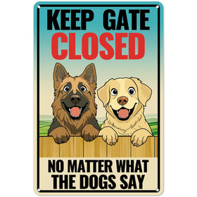 Kadezia Keep Gate Closed sign front view with dog illustration for gates and fences.