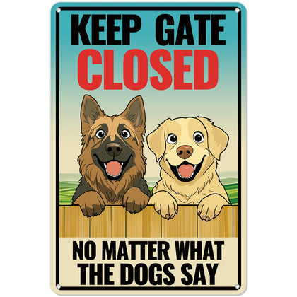 Kadezia Keep Gate Closed sign front view with dog illustration for gates and fences.