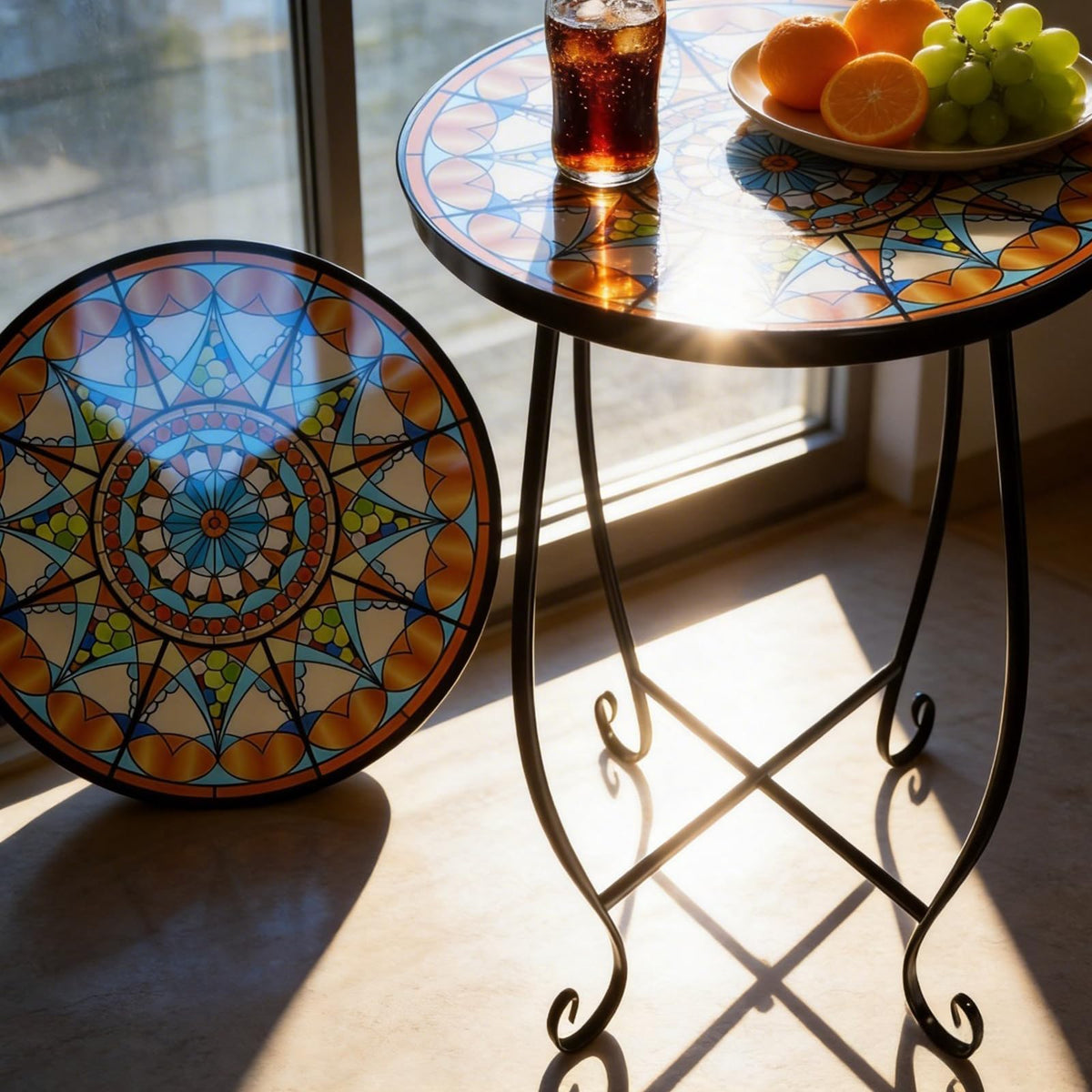 Kaesithar mosaic sun table 2-pack folded stand demonstrates quick setup and compact storage.
