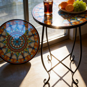 Kaesithar mosaic sun table 2-pack folded stand demonstrates quick setup and compact storage.
