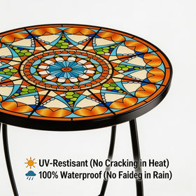 Kaesithar mosaic sun table closeup highlights vibrant colors and durable finish.