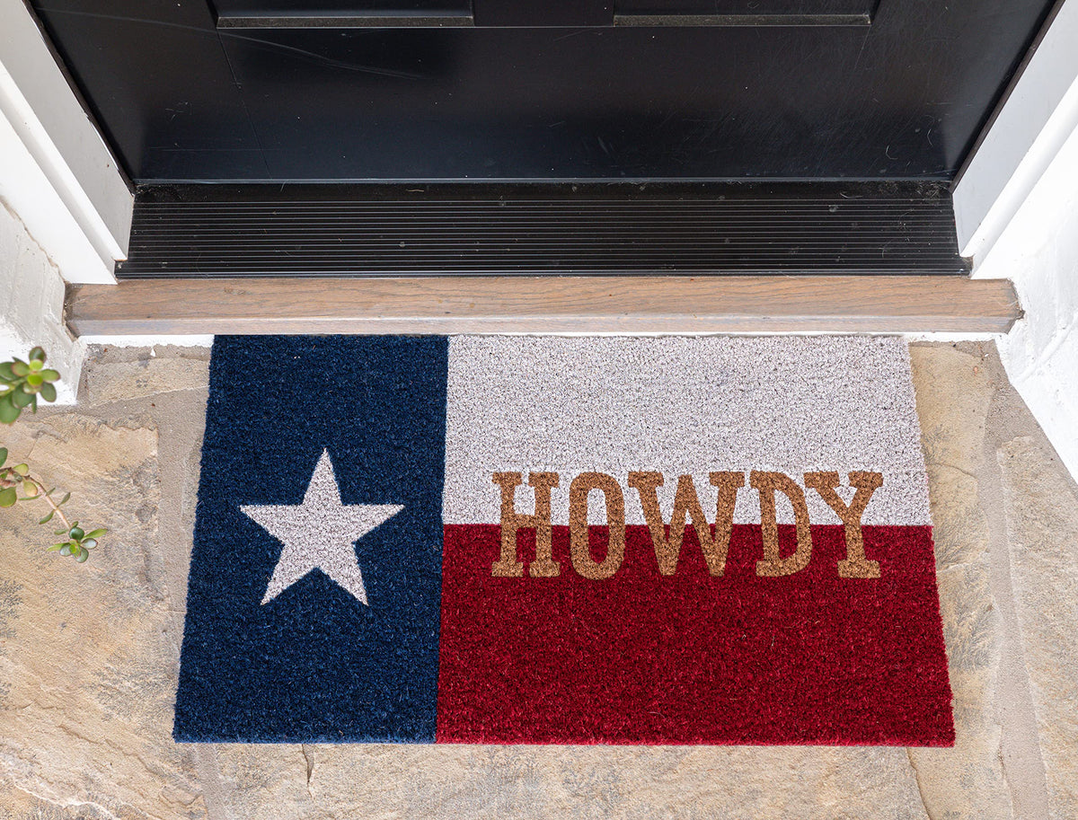 KAF Home Howdy Texas doormat close-up reveals natural coir fibers and slip-resistant backing.