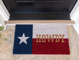 KAF Home Howdy Texas doormat close-up reveals natural coir fibers and slip-resistant backing.