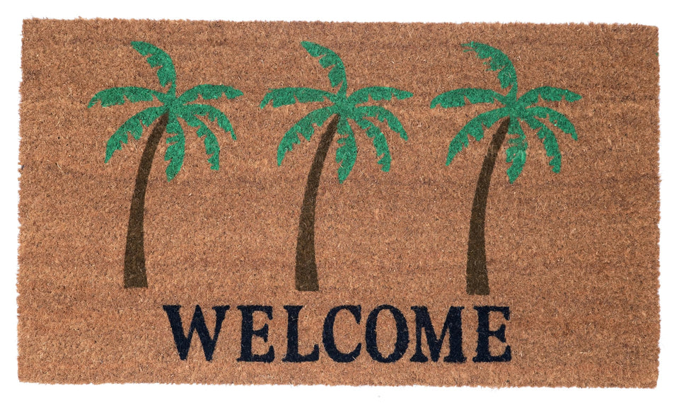 KAF Home welcome palm trees doormat at front door, showing inviting design and entryway protection against dirt.