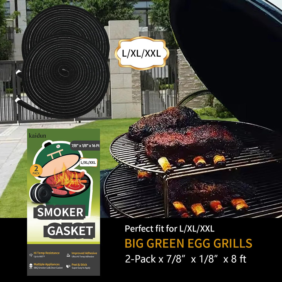 Kaidun Big Green Egg gasket lid seal improves even heat around the lid.